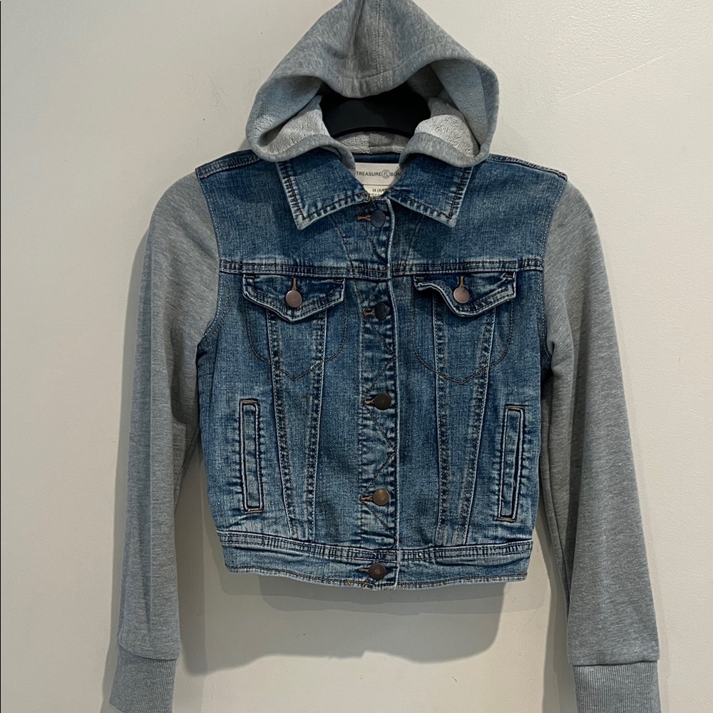 Treasure & Bond Blue Denim Jacket with‎ Gray Hood Size 8/10